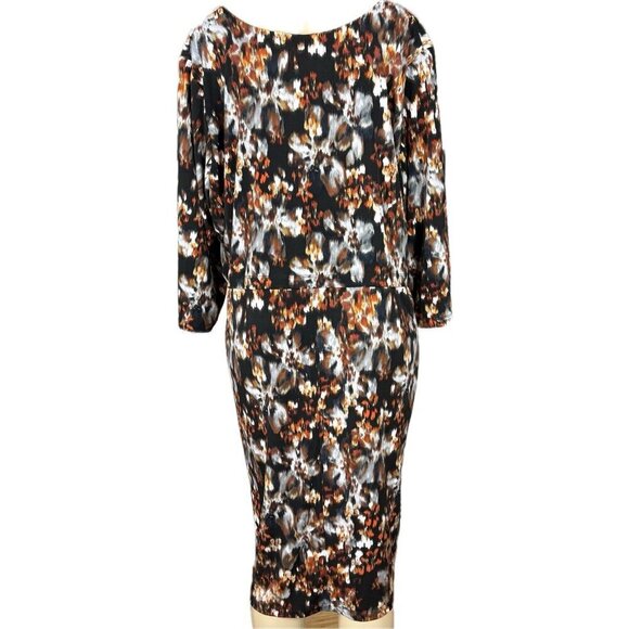 Roaman's 24W Brown-Gray Floral Layered V-Neckline 3/4 Sleeve Below Knee Dress - Picture 4 of 6